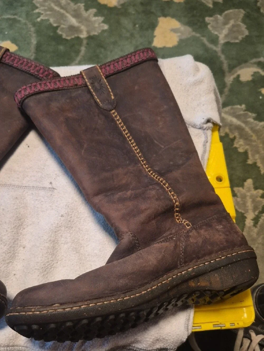 UGG Women's Brown Leather Mid-Calf Boots with Pink Trim